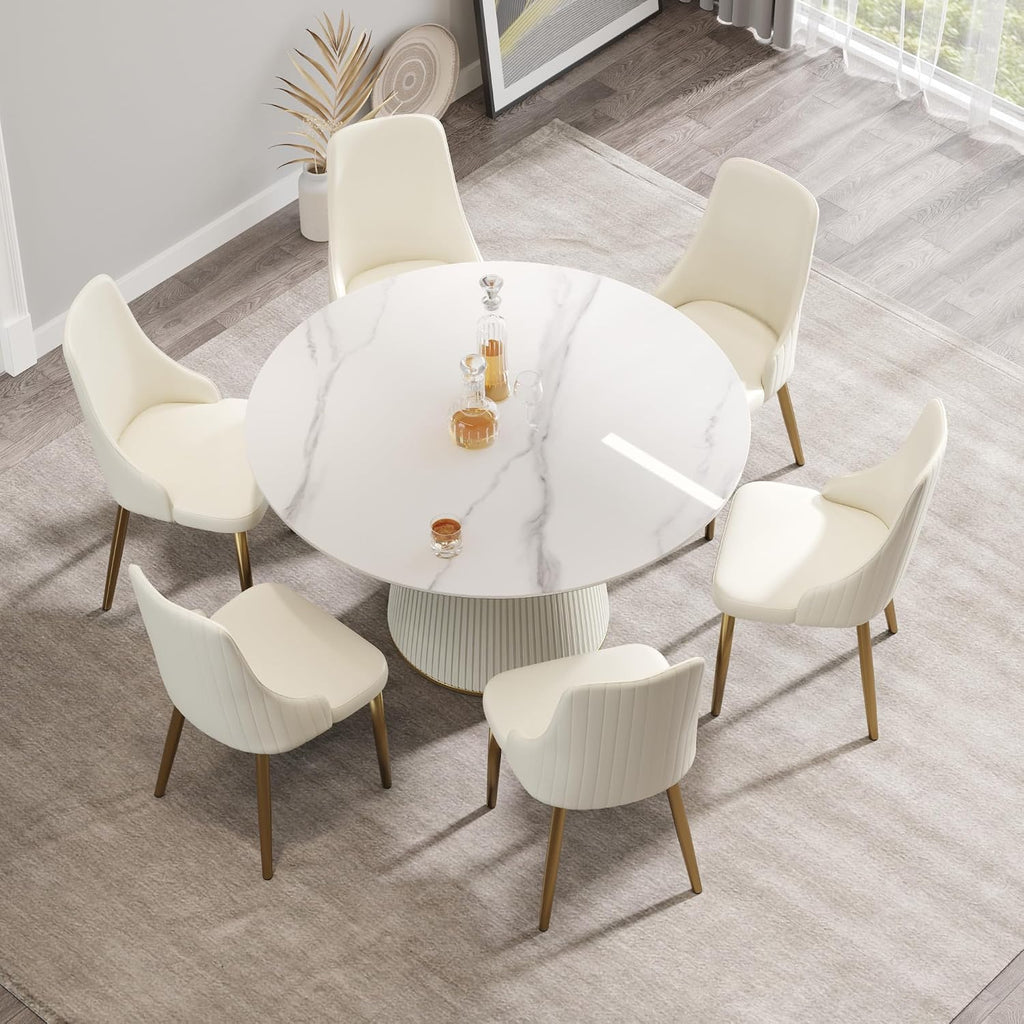 Montary 53” Modern Round Dining Table for 4-6 People, Minimalist Artificial Marble Kitchens Table with Beige Plywood PU Base, Snow Mountain White Sintered Stone Top Dining Room Table