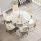 Montary 53” Modern Round Dining Table for 4-6 People, Minimalist Artificial Marble Kitchens Table with Beige Plywood PU Base, Snow Mountain White Sintered Stone Top Dining Room Table