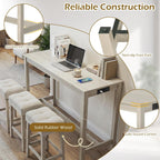 COSTWAY 4-Piece Breakfast Nook Bar Set with Built-in Charging Station | Counter Height Table with 3 Stools, Farmhouse Dining Room Table & Chairs with Wooden Frame & Cushioned Seat for Kitchen, Gray