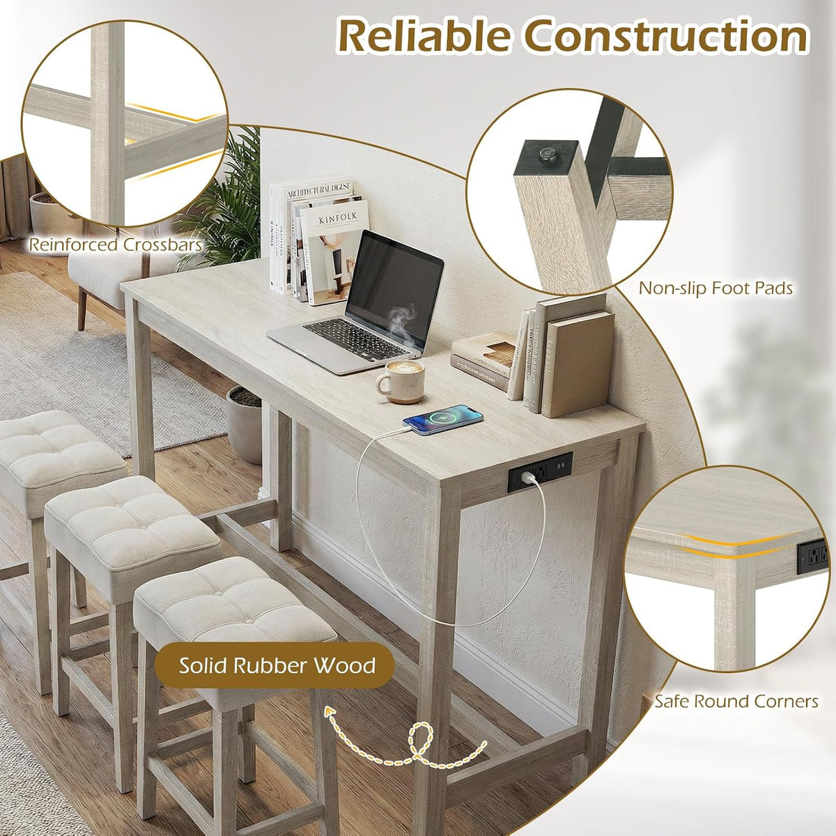 COSTWAY 4-Piece Breakfast Nook Bar Set with Built-in Charging Station | Counter Height Table with 3 Stools, Farmhouse Dining Room Table & Chairs with Wooden Frame & Cushioned Seat for Kitchen, Gray