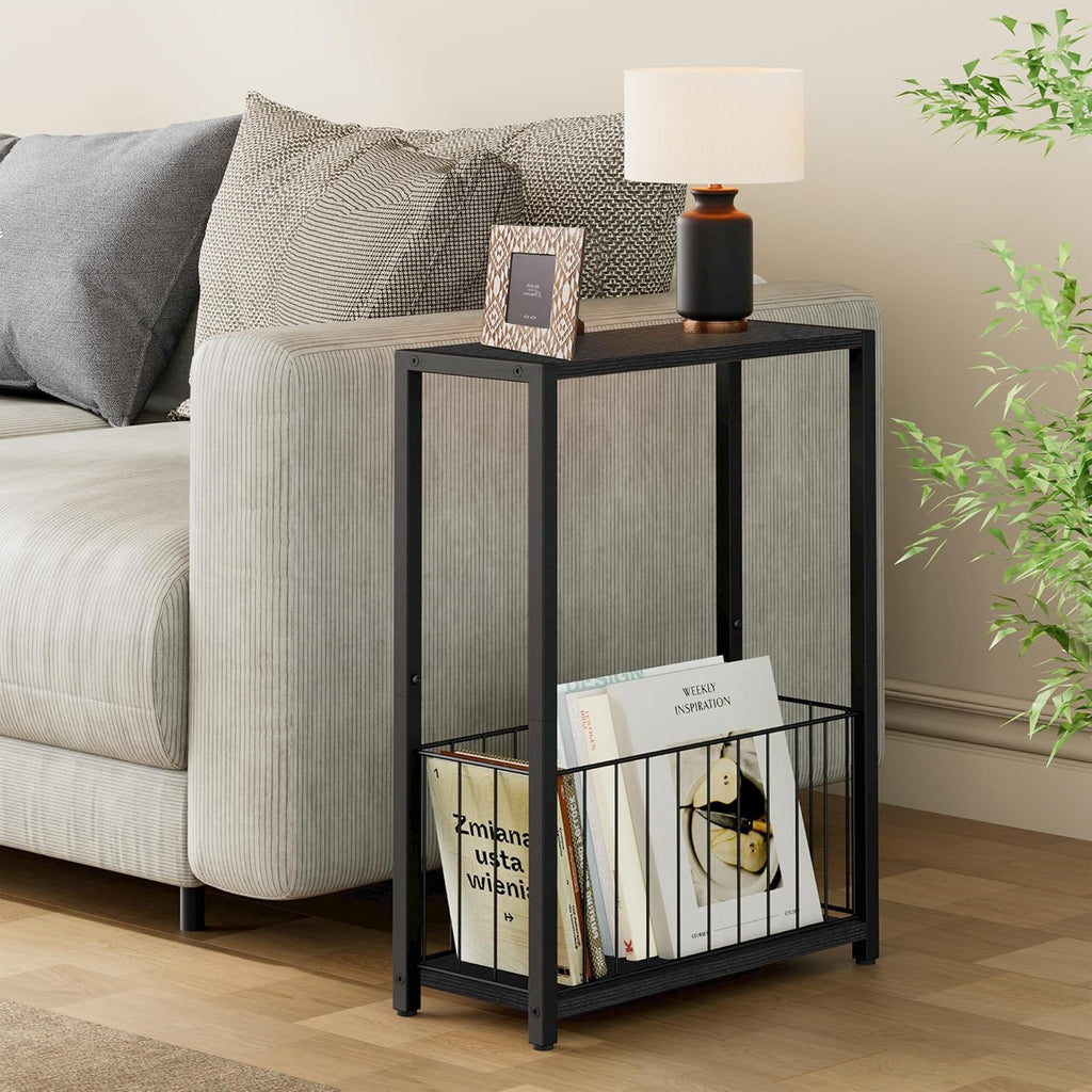 Homleke Narrow Side Table with Magazine Holder, Skinny End Table Perfect for Small Spaces, Space-Saving Design for Living Room, Bedroom, or Office, 7.1" D x 16.9" W x 23.6" H, Black