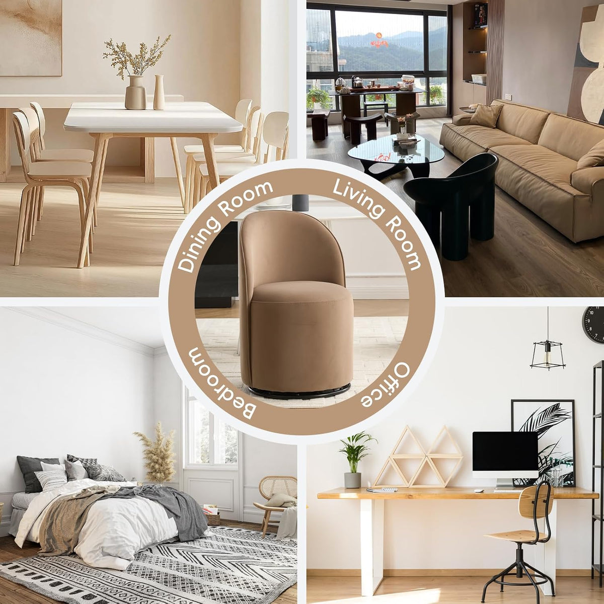 360 Degree Swivel Barrel Chair Set of 2, Mid Century Modern Round Velvet Dining Chair Comfy Upholstered Accent Chair Makeup Vanity Side Chair for Kitchen & Dining Room Living Room Bedroom (Brown)