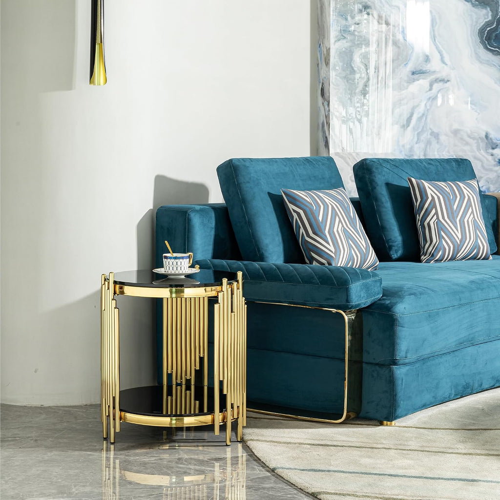 Luxury Gold Round Glass End Table, 17.7" Modern Side Table with Stainless Steel Irregular Leg Black Tempered Glass Tabletop, Accent Furniture for Living Room, Black