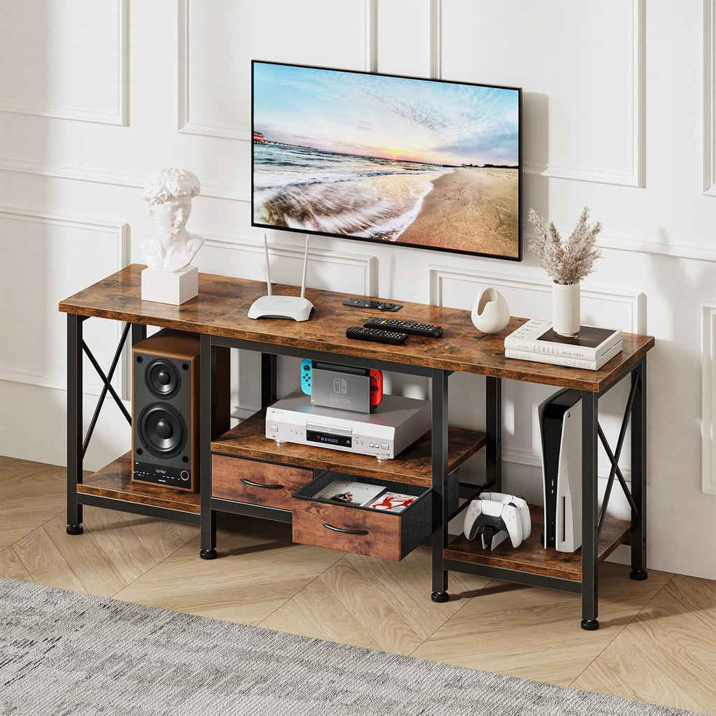 DUMOS 55" TV Stand with Fabric Drawers for 55 60 65 Inches TV | Entertainment Center and Industrial TV Console Table with Open Storage Shelves for Living Room, Bedroom, Rustic Brown