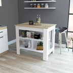 3-Shelf Kitchen Island White and Light Oak with Particle Board | Transitional kitchen island with 3 shelves and ample storage for meal prepping