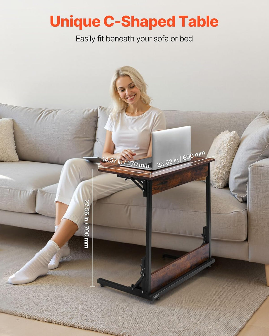 VEVOR C Table, Folding C Shaped End Table with Metal Frame & Adjustable Feet, Foldable C Shaped Side Table for Living Room Bedroom Office, 23.62 x 14.57 x 27.56 inch TV Tray, Brown and Black