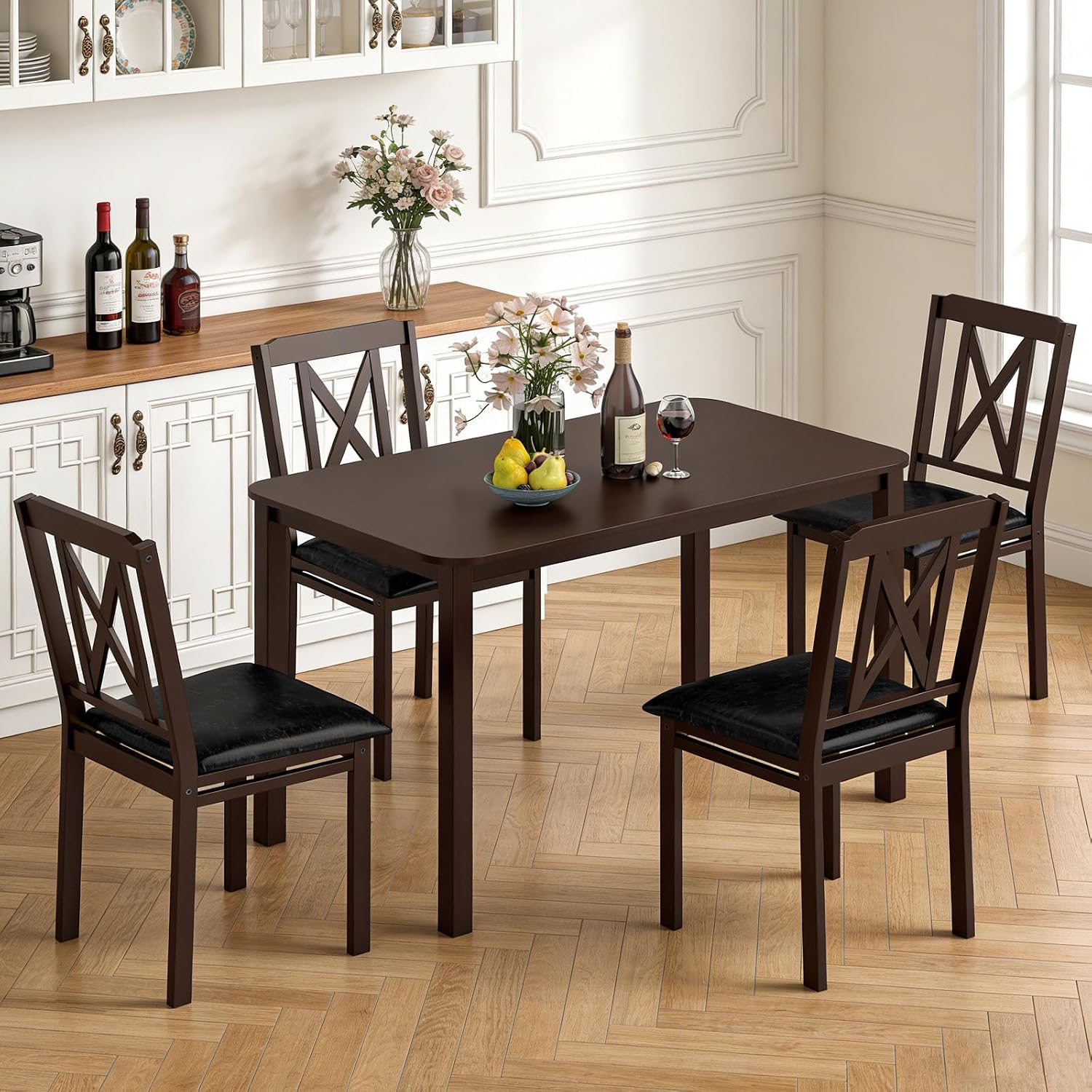 Giantex 5-Piece Dining Table Set for 4, 47" Rectangular Kitchen Table & 4 Chairs with Rubber Wood Legs, Upholstered Seat, Space-Saving Dinette Set for Small Spaces, Living Room, Apartment, Restaurant