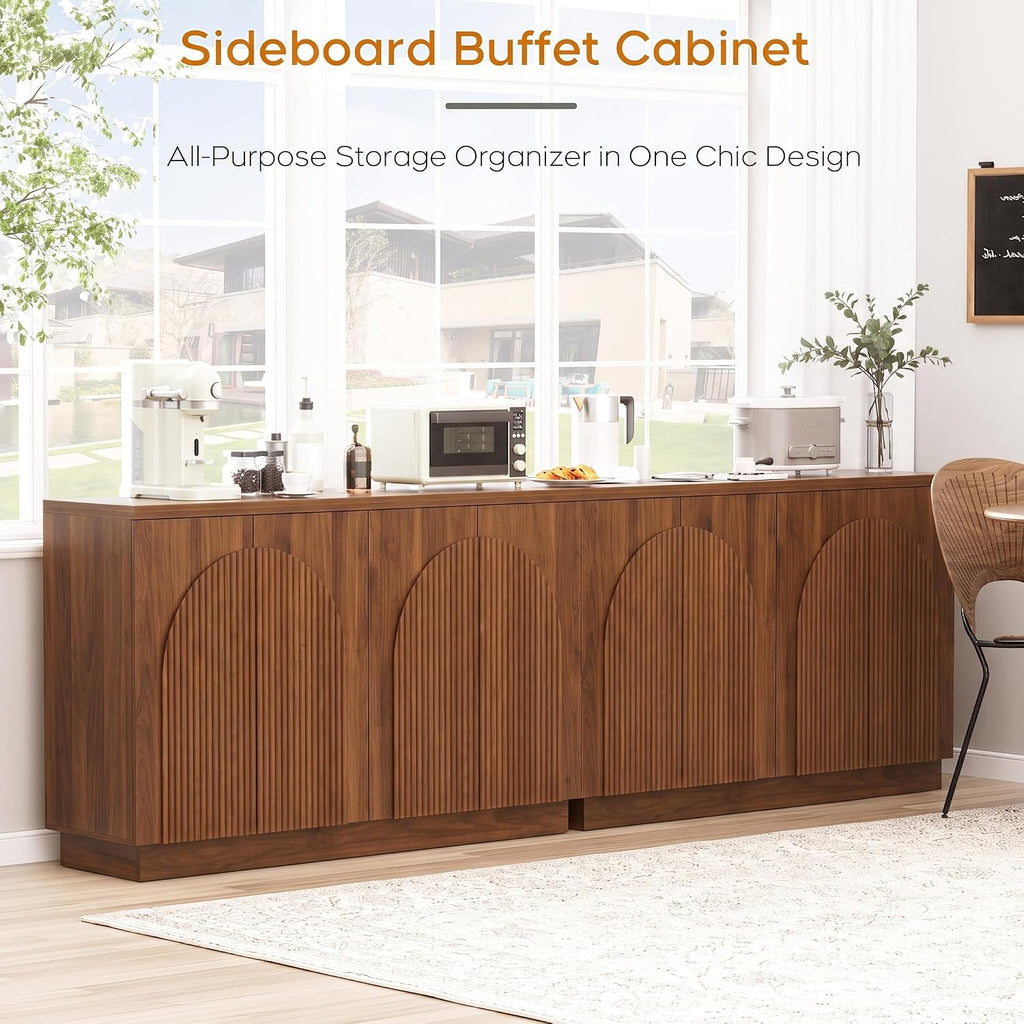 Yechen 110" Modular Fluted Sideboard Buffet Cabinet with Storage, Wood Mid Century Modern Credenza Cabinet w/Arched Reeded Doors & Adjustable Shelves for Kitchen, Living Room, Walnut