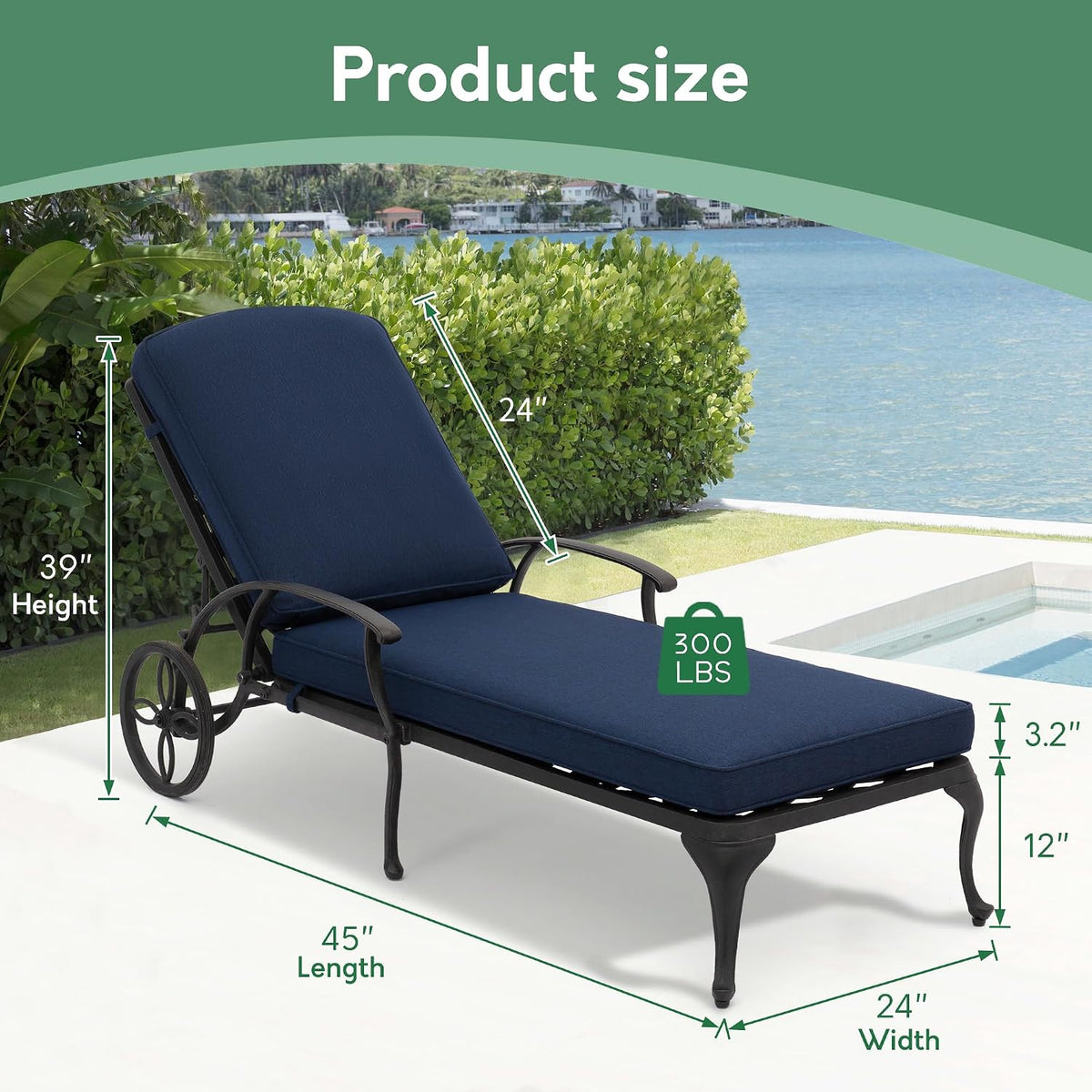 Chaise Lounge Chair Outdoor- Set of 2 Patio Pool Chairs Tanning Lounges for Outside Beach Lounger Reclining Cast Aluminum with Navy Blue Cushions