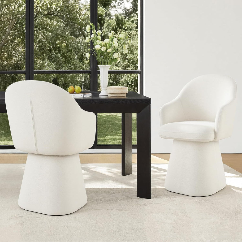 KISLOT Swivel Dining Chairs Set of 2, Upholstered Modern Barrel Dining Chairs with 360° Swivel Base, Chenille Velvet Fabric Accent Kitchen Chairs with Arms, Padded Dining Room Chairs, Cream