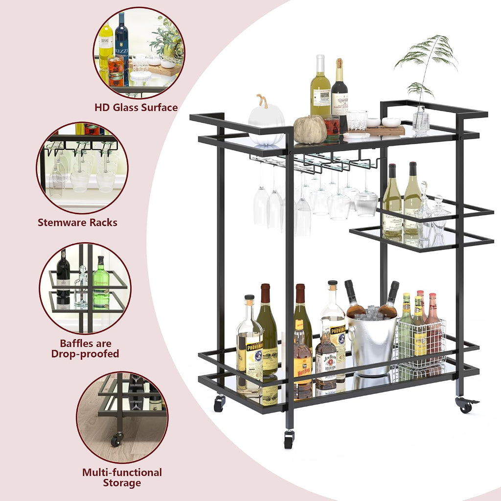 RiteSune Black Bar Carts for The Home, Wine Cart with Wheels | 3 Tier Home Serving Bar Cart Drink Cart with Mirror Shelves for Living Room, Party (28.5" D x 15" W x 32" H)