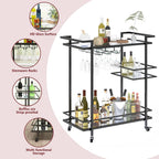 RiteSune Black Bar Carts for The Home, Wine Cart with Wheels | 3 Tier Home Serving Bar Cart Drink Cart with Mirror Shelves for Living Room, Party (28.5" D x 15" W x 32" H)