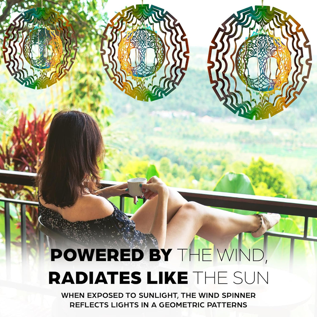 Skylar Tree of Life Wind Spinner, Stainless-Steel Garden Decor, 3D Wind Charm with Holographic Effect, Unique 12-Inch Sun Catcher, Foldable Ornament with 2 Support Hooks for Hanging