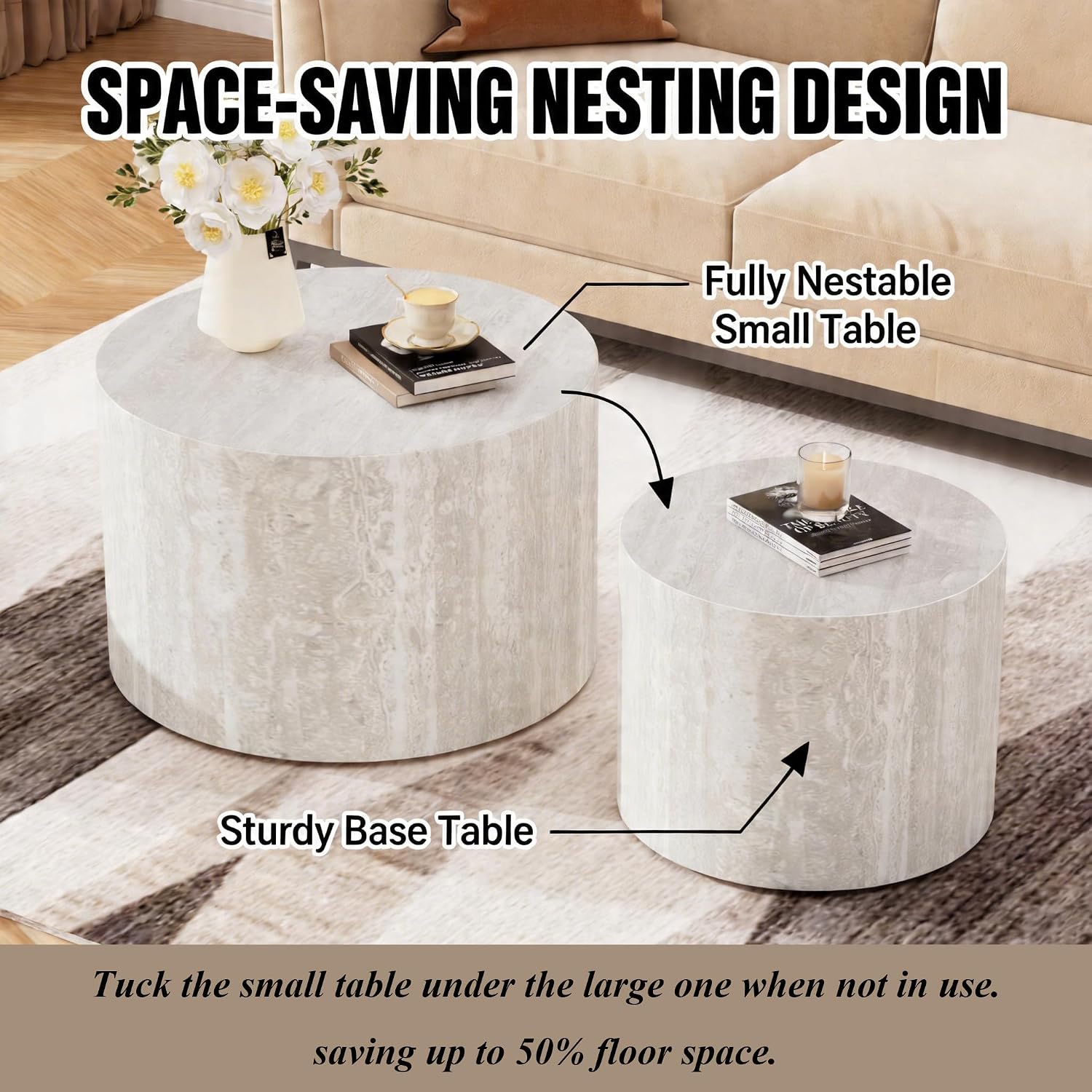 2-Piece Round Nesting Coffee Table Set with Travertine Texture, Modern Stackable Side Table for Small Spaces, Waterproof Anti-Scratch Accent Table for Living Room Bedroom Balcony