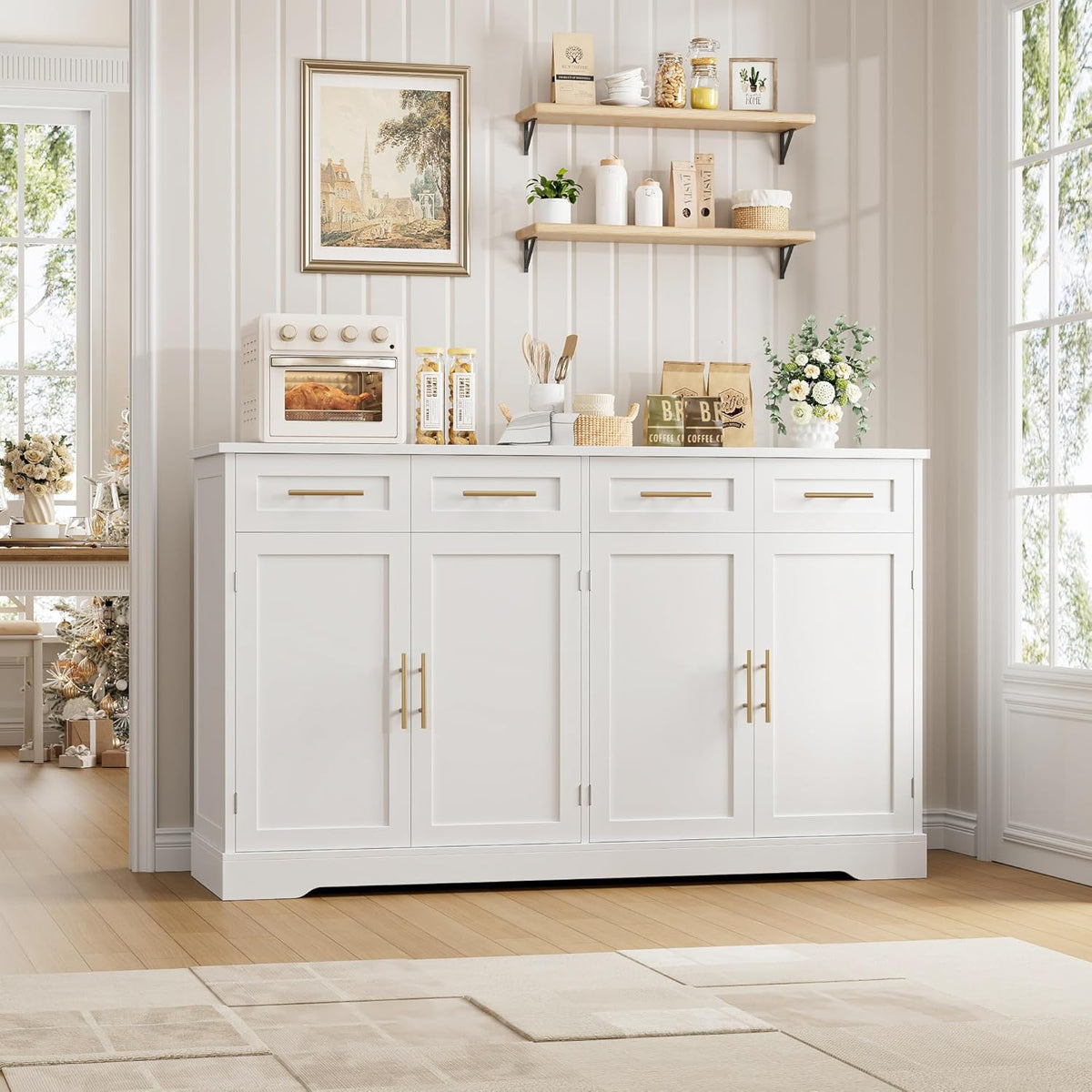 HOSTACK 60" W Sideboard Buffet Cabinet with Storage, Kitchen Cabinet, White