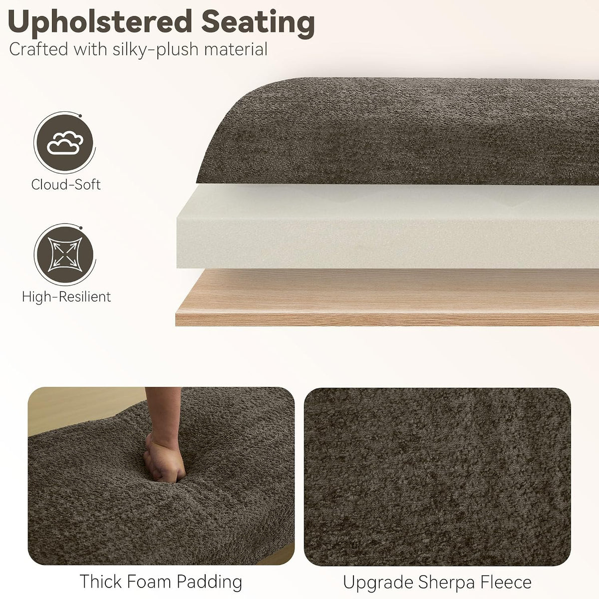 58.7" Upholstered End of Bed Bench, Entryway Bench with Curved Armrests, Modern Bedroom Bench Seat with Solid Wood Frame for Living Room, Hallway, Brown