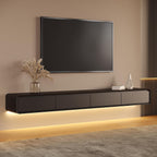 POVISON Fully-Assembled Minimalist Floating TV Stand with LED Lights, Modern Wall-Mounted Media Console with 4 Flip-Down Cabinet Doors for 85 Inch TV, Black Oak, 94"