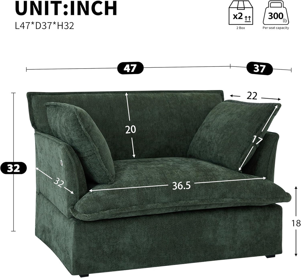 ERYE 47" Chenille Upholstered Accent Chair Wide Seat Armchair for Living Room Bedroom, Modern Upholstered Armchair W/ 2 Pillows and USB-C Ports for Home Apartment Office