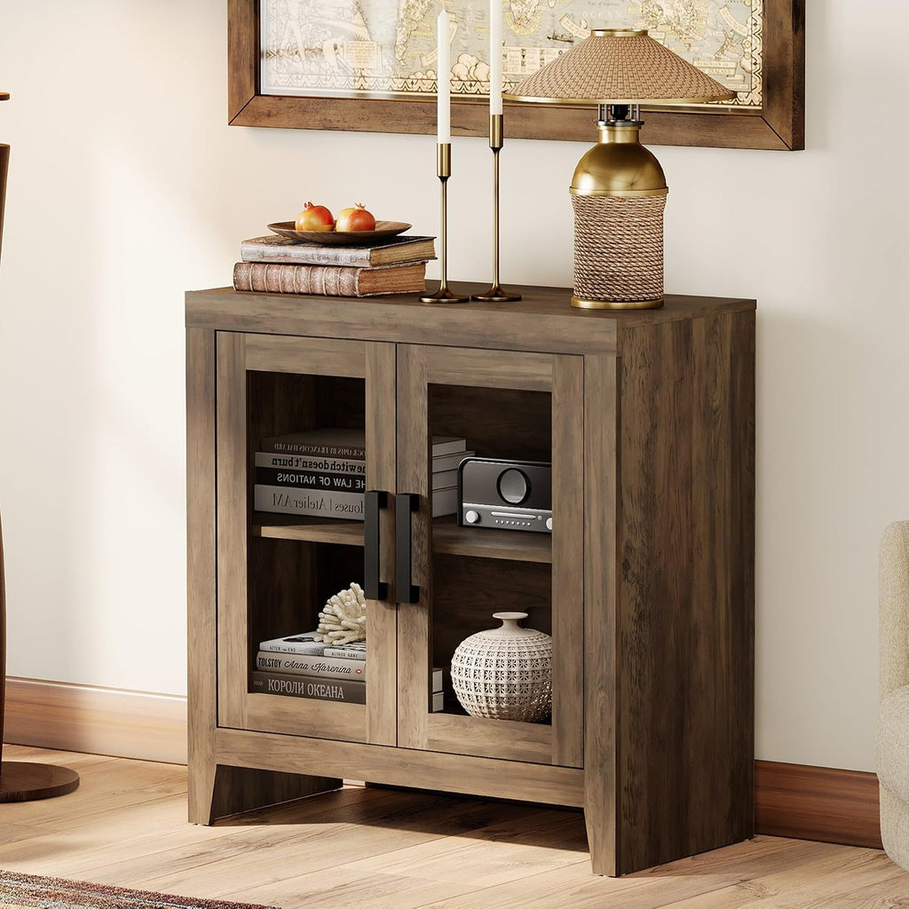 WAMPAT Buffet Cabinet with Storage, Kitchen Sideboard Cabinet with Glass Door and Adjustable Shelf, Modern Farmhouse Credenza Wood Coffee Bar Table for Kitchen, Dining Room, Living Room, Brown