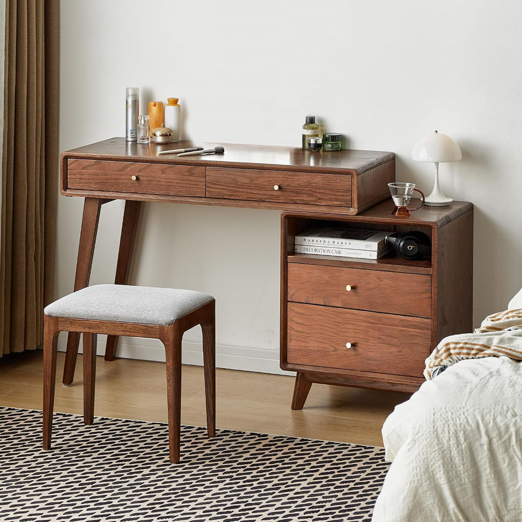 YESWOOD 35''-50'' Extendable Vanity Desk with Dresser, Oak Wood Makeup Table for Girls, Study Desk and Vanity Set for Bedroom, Barthroom, NO Chair