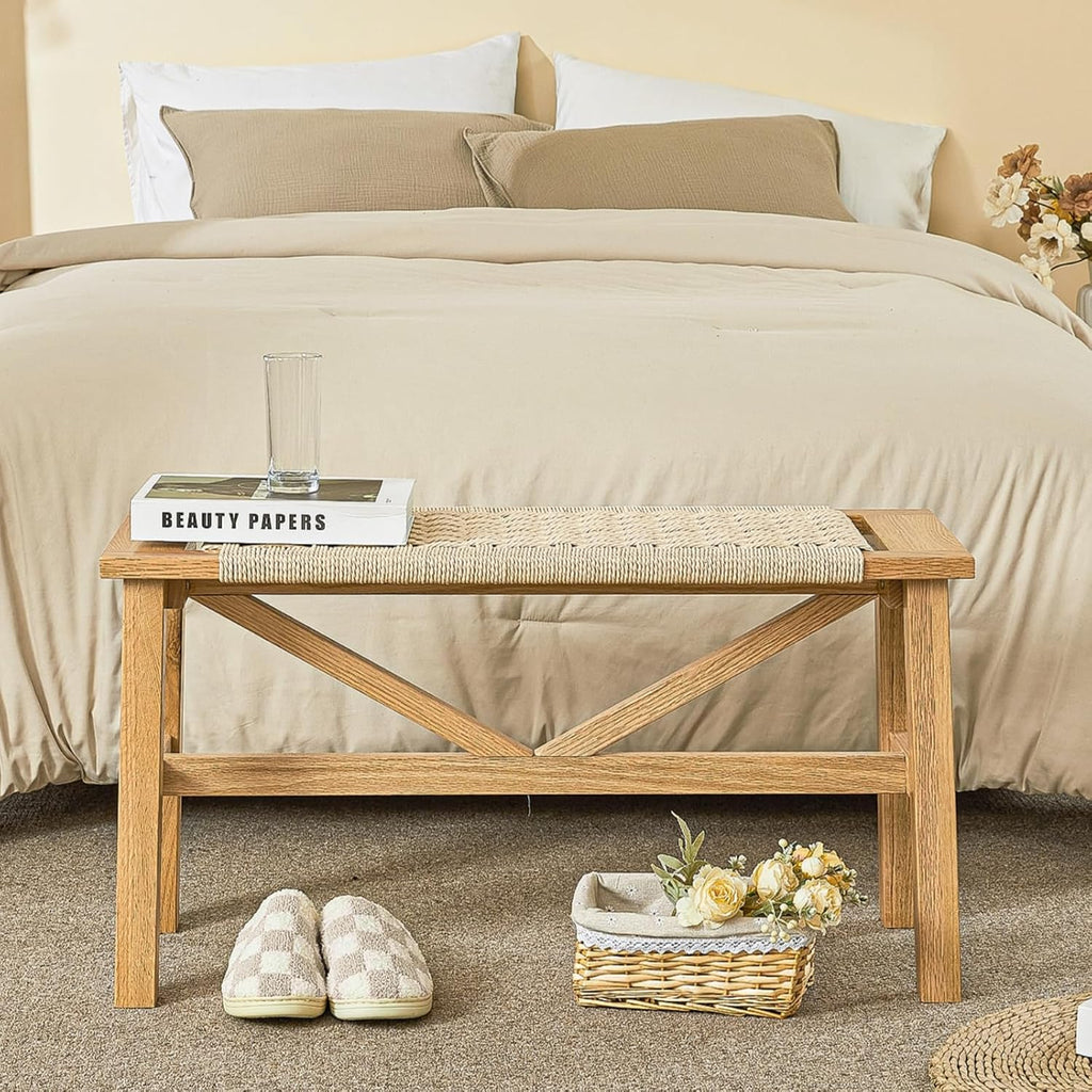Solid Wood Narrow Bench, 33.46" Woven Bench for Entryway and Hallway, End of Bed Bench with Oak Frame, Boho Accent Bench - 500lbs Capacity (Natural White)