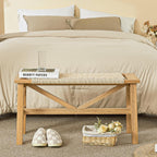 Solid Wood Narrow Bench, 33.46" Woven Bench for Entryway and Hallway, End of Bed Bench with Oak Frame, Boho Accent Bench - 500lbs Capacity (Natural White)