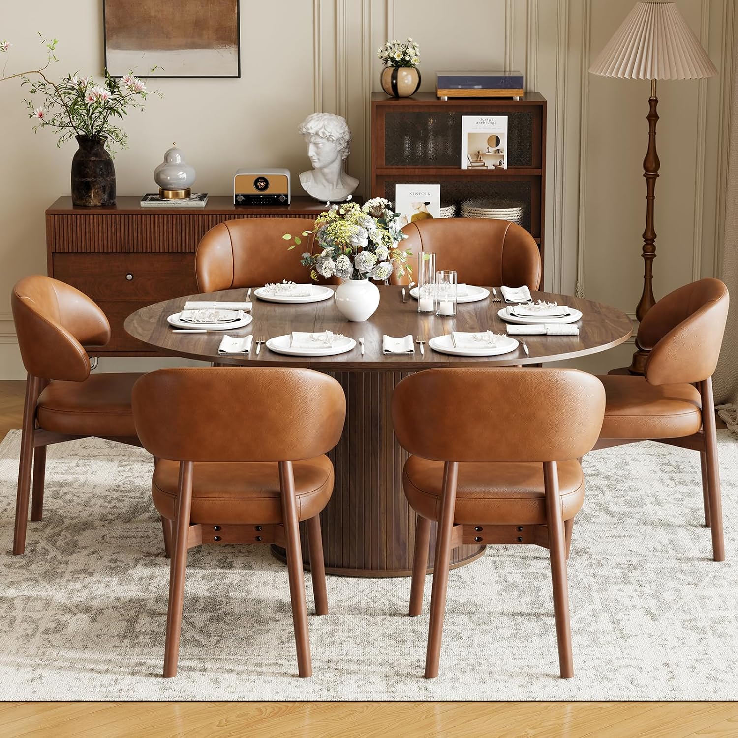 MALOL 47"-63" Extendable Round to Oval Dining Room Table Chairs Set for 4-8, Modern Wooden Kitchen Table and Chairs with Hidden Storage and Fluted Design for Dining Room/Small Space(Walnut and Brown)