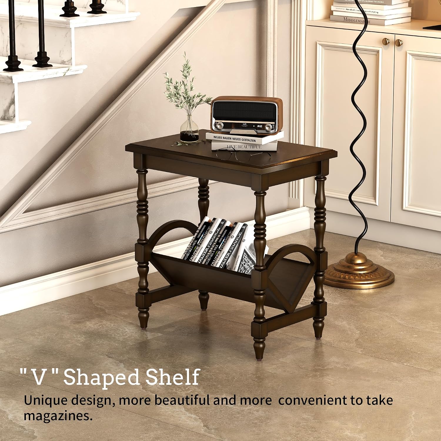 LKTART Wood End Table, Vintage Sofa Side Table with Magazine Rack and Rubberwood Legs, Bedside Table with Birch Wood Veneer Finish for Living Room Bedroom Small Space Home Office, Dark Brown