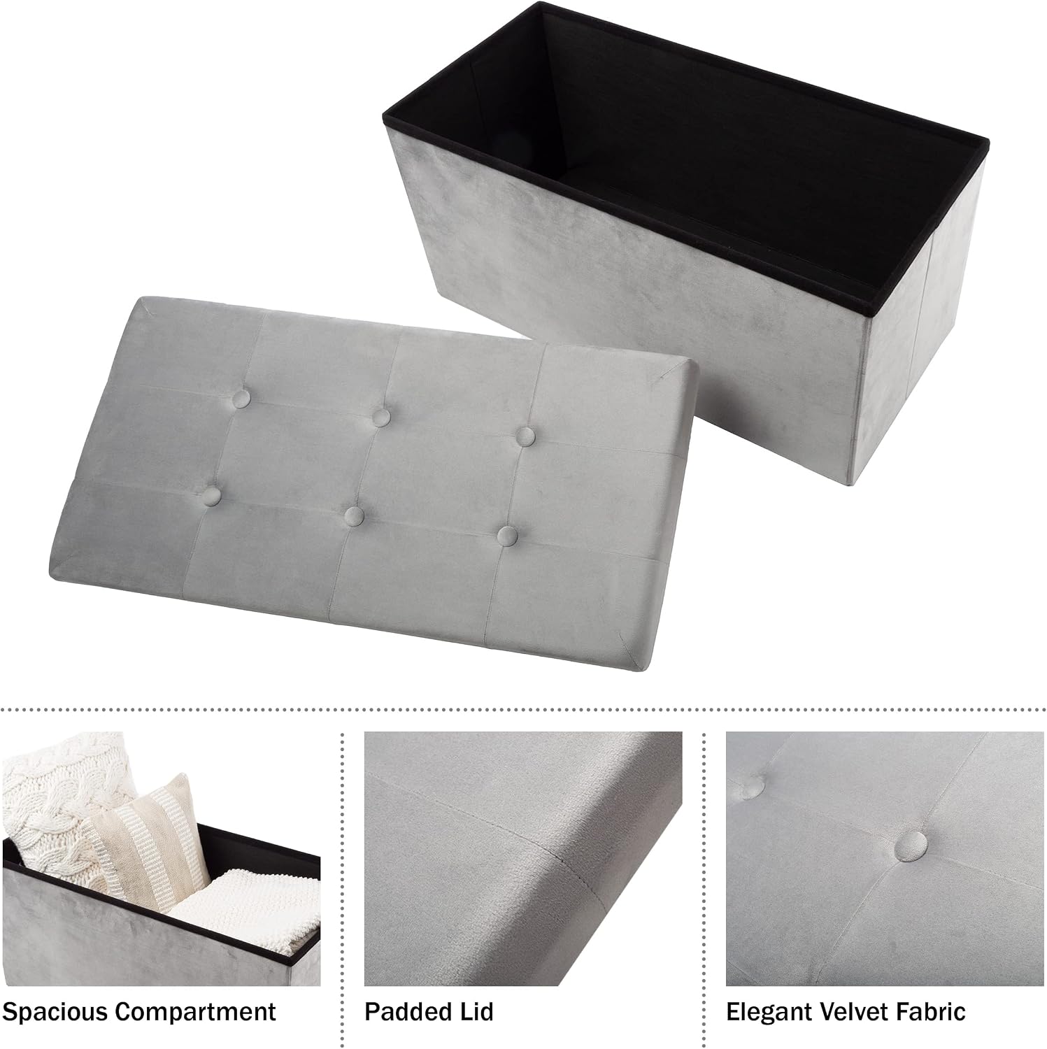 Storage Ottoman - Velvet Tufted Footrest, Linen Chest, or Bench Organizer with Removable Lid for Bedroom, Dorm Room, or Entryway by Lavish Home (Gray)