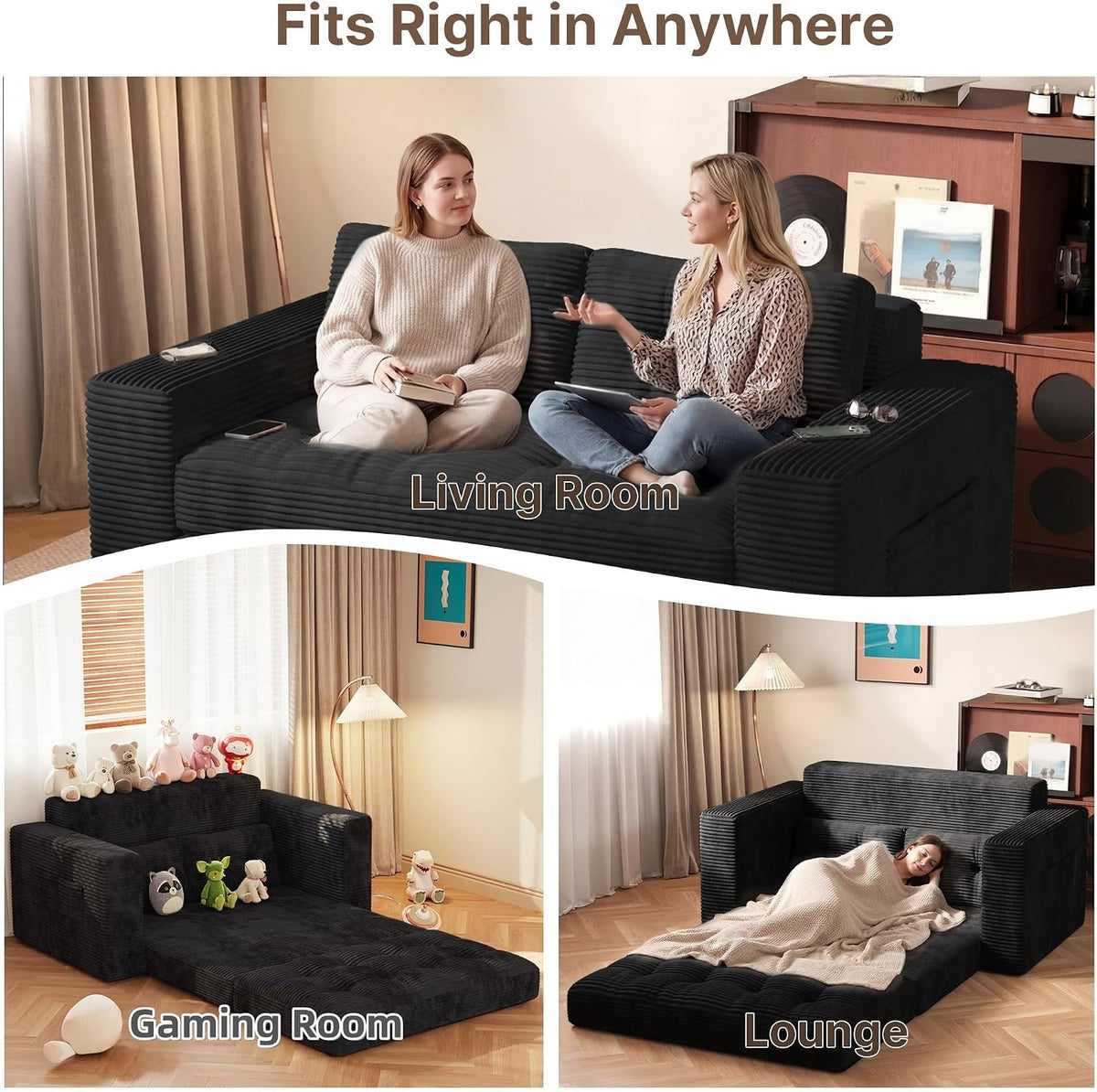 Gizoon Couch Bed Small Floor Couch 59" Convertible Sleeper Sofa | Folding Sofa Bed with 2 Pillows & Memory Foam, Corduroy Pull Out Couch for Small Spaces, Apartment, Living Room, Black