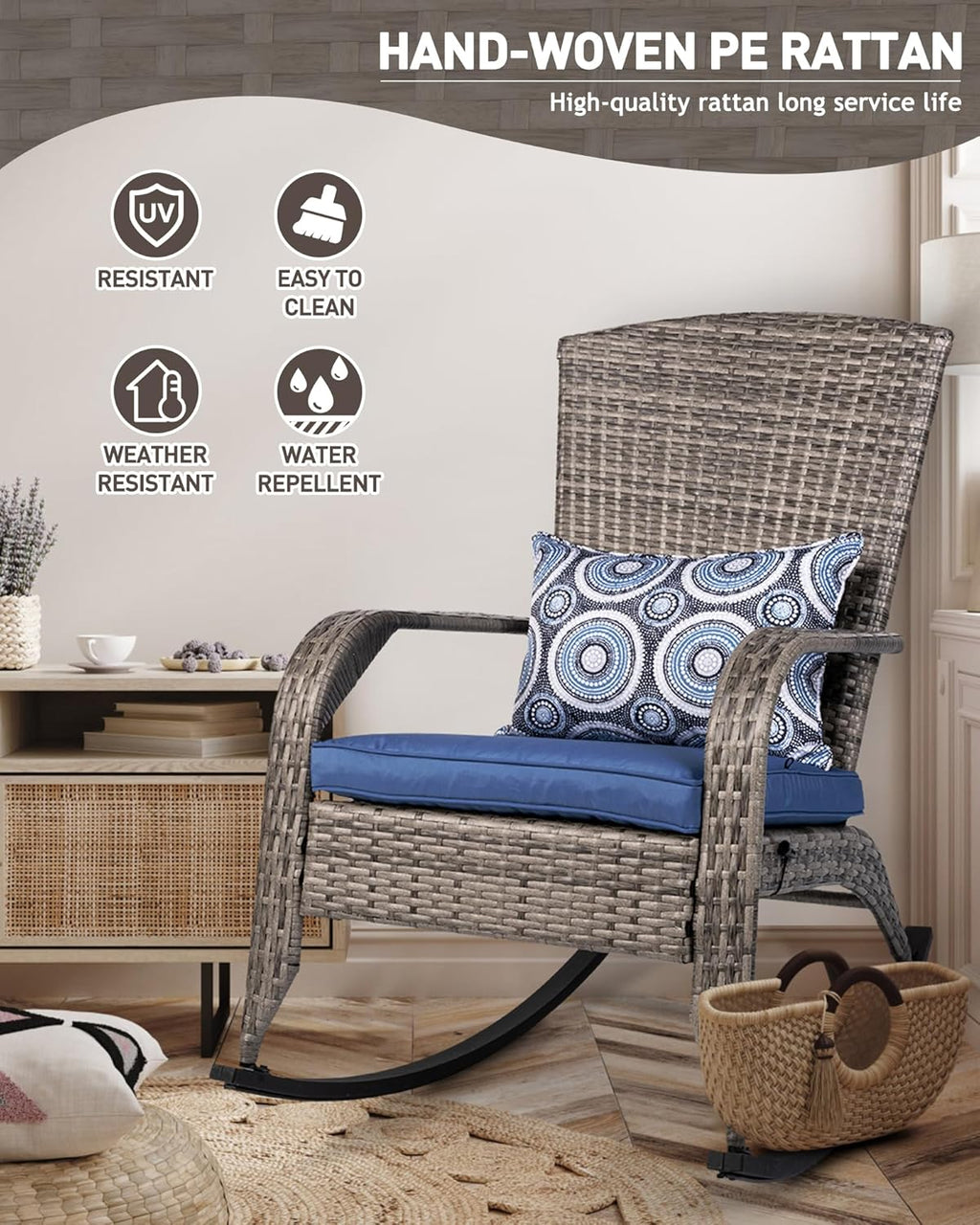 Outdoor Rocking Chairs Set of 2, Patio Rocker Chairs with Cushions & Steel Frame, All Weather Porch Rocking Chairs for Garden, Backyard, Poolside (Grey Rattan & Navy Blue Cushion, 320lbs)