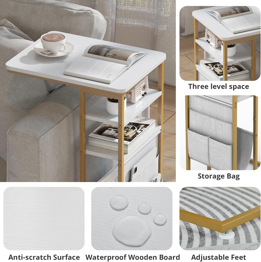 C Shaped End Table 28"(H) 3-Tier C Table with Storage Bag, Under Couch Table C-Shaped End Table with Storage Shelves and Bag for Living Room, Bedroom, or Office