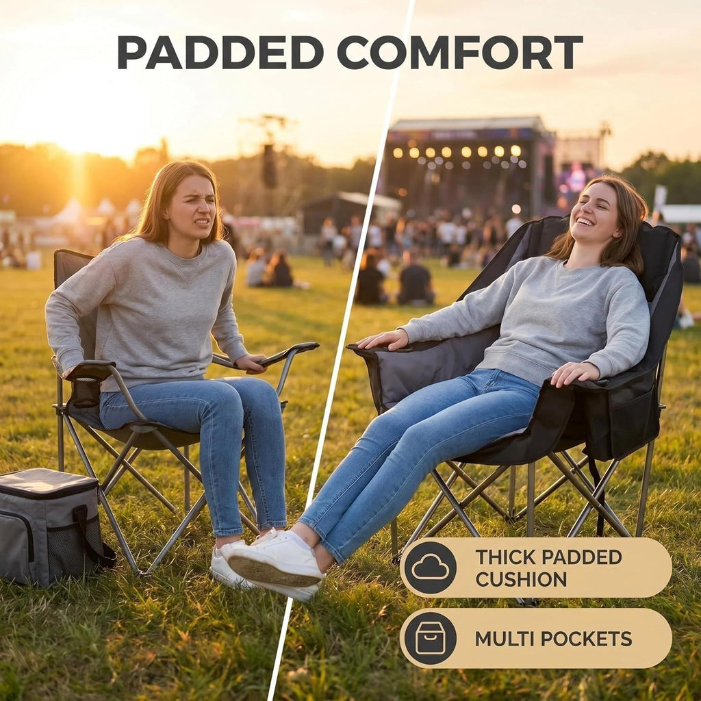 Oversized Heavy Duty Camping Chair for Adults, 500 lbs Capacity Padded Folding Chair with Side Cooler Bag, Cup Holder & Storage Pockets, Portable Lawn Chair for Fishing, Beach, Picnic & Sports-2PCS