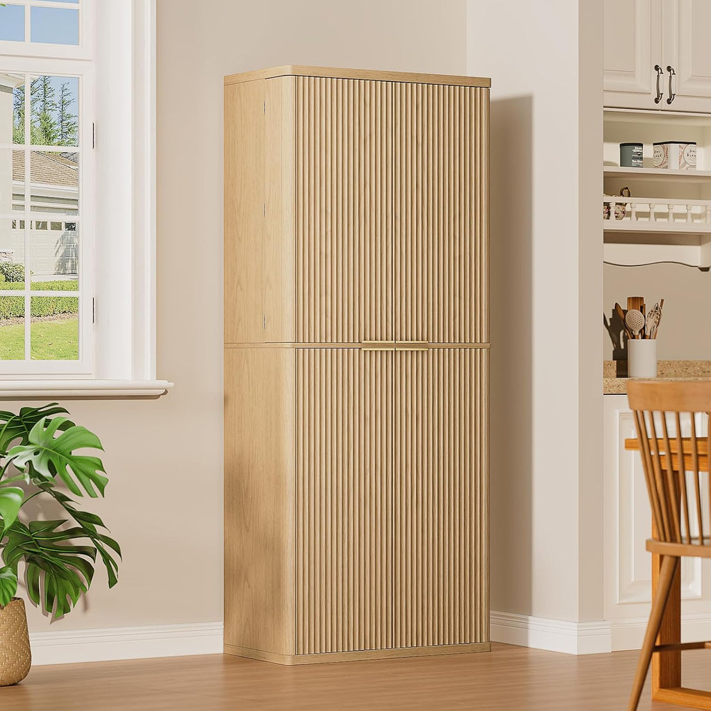 Modern Fluted Wood Pantry Cabinet with 6 Adjustable Shelves & 8 Door-Mounted Spice Racks - Wall-Secure Storage Organizer for Kitchen, Dining, Living Room (Oak)