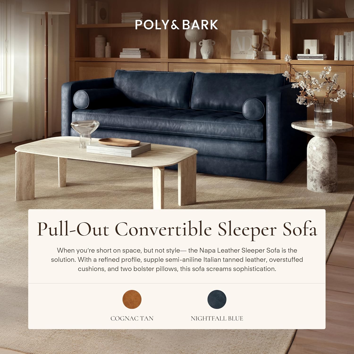 Poly & Bark Napa 82" Leather Pull‑Out Sleeper Sofa – Full‑Grain Italian Leather Upholstery,Tri‑Layer Mattress & Storage Console –Sophisticated Multi‑Functional Sofa Bed for Living Rooms & Guest Spaces
