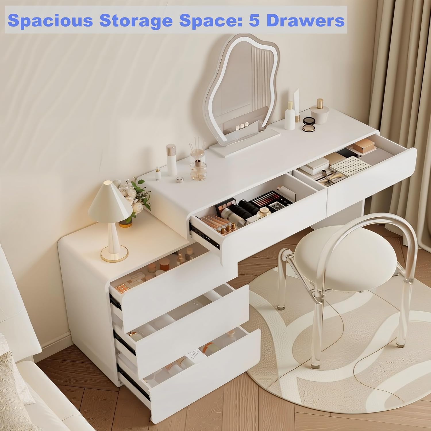 IKuinen White Makeup Vanity with Mirror and Lights, Vanity Set with Free Retractable Side Cabinet, Dresser Table with 5 Solid Wood Drawers, Luxury Dressing Table with Stylish Stool