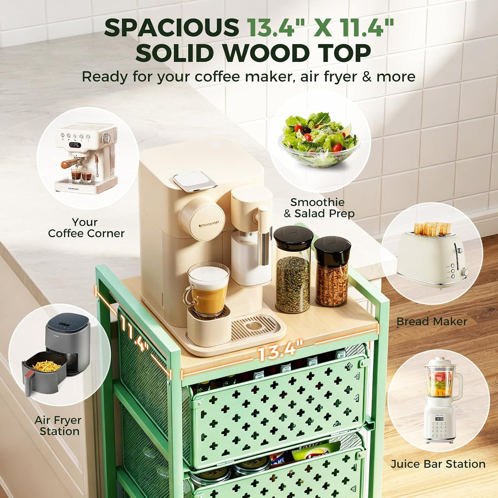 5 Tier Kitchen Storage Cart with Wheels, Utility Fruit Vegetable Storage Rack Stand with Pull-Out Baskets & Wood Top, Metal 4-Drawers Rolling Snack Cart, Kitchen Cart for Potato Onion(Green)