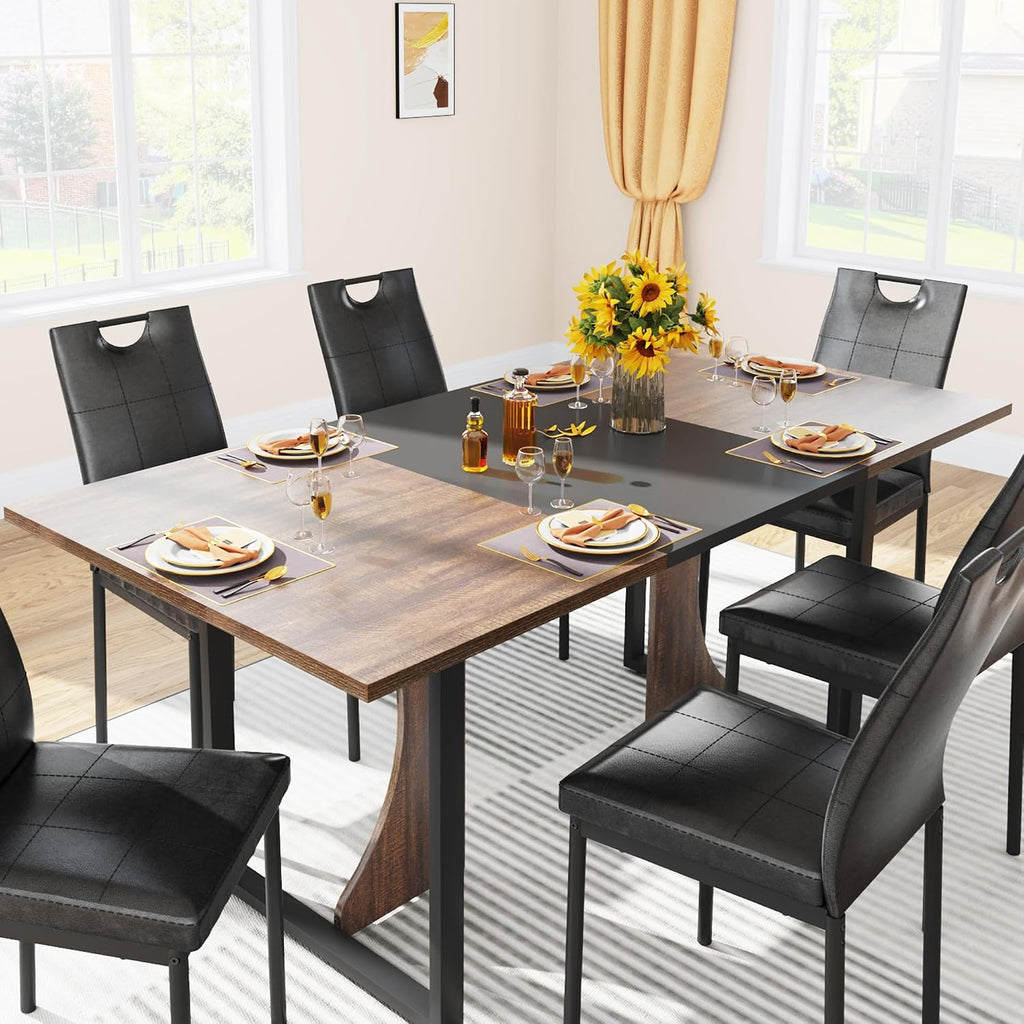 chartustriable 7PCS Dining Table Set with 6 Chairs for 4 5 6 People, 71" Large Wooden Kitchen Table Sets with 6 Upholstered Chairs,6-Person Kitchen Table & Chairs Set for Dining Room Kitchen(Brown)