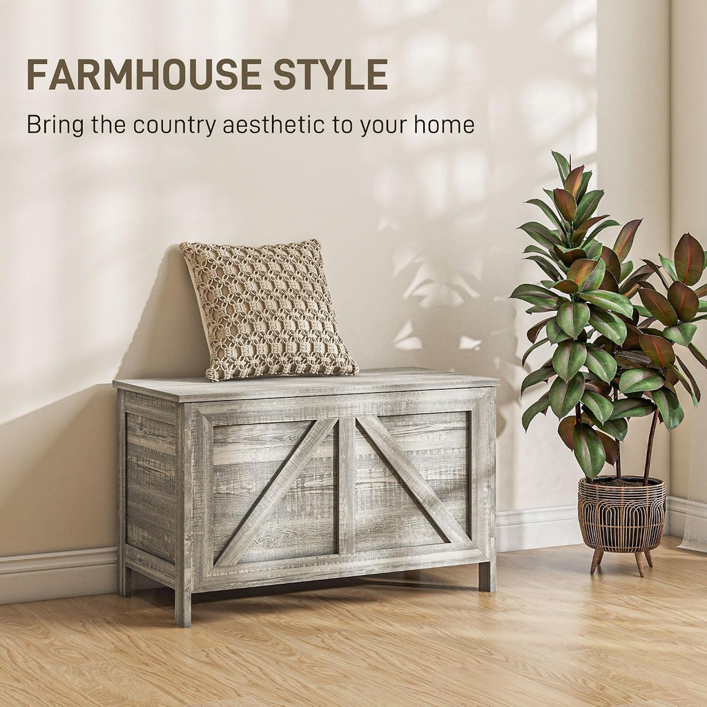 HOMCOM 30" Farmhouse Storage Bench Lift Top Storage Chest in Light Gray | Safety Hinge, Open Up 100°, Wooden Trunk, Bedroom, Entryway, Living Room