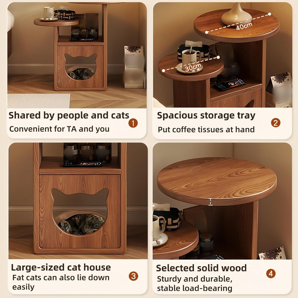 Cat Tree and End Tables, Cat Nightstand, Wooden Round Side Table wiht Cats Houses, Small Bedside Table with 3-Tier Storage Shelves, Modern Cats Furniture for Living Room Bedroom(Brown)