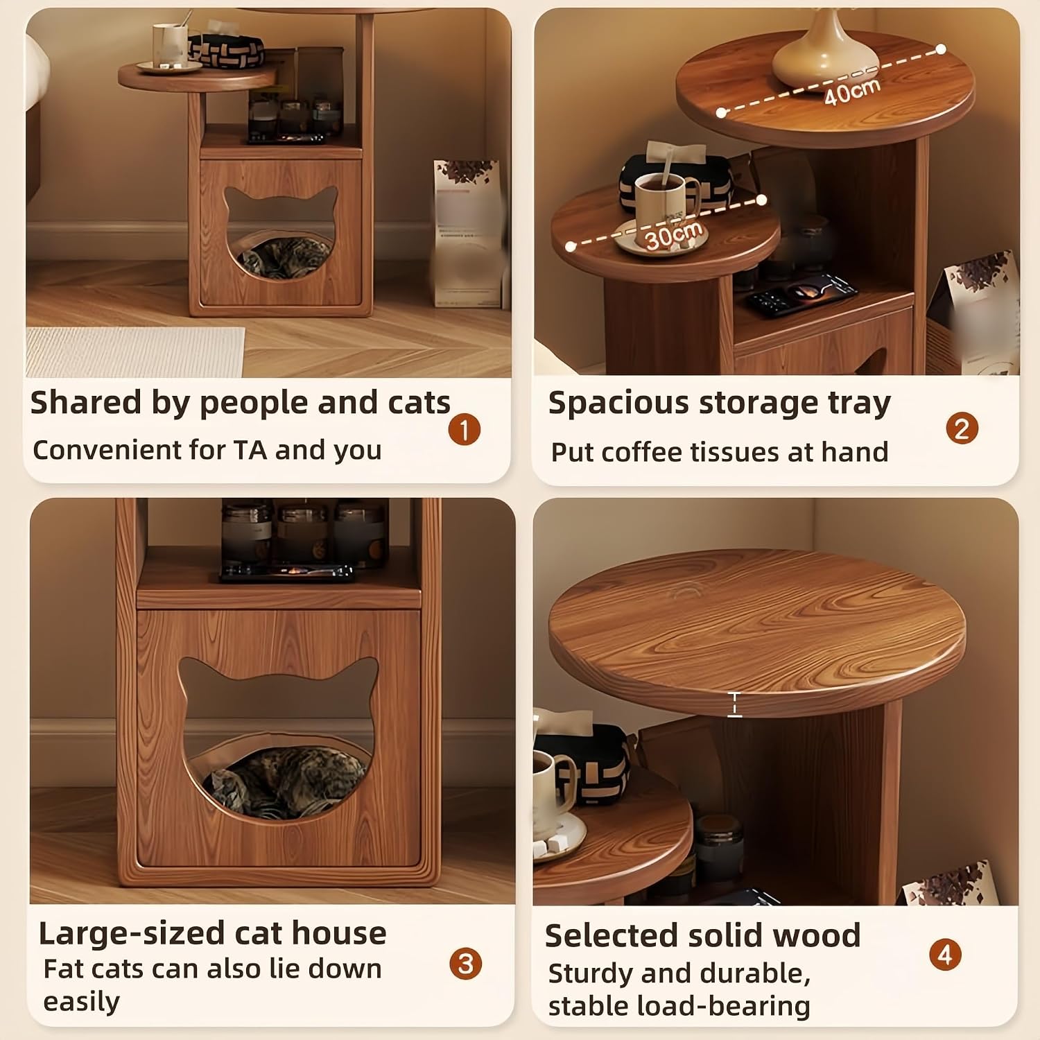 Cat Tree and End Tables, Cat Nightstand, Wooden Round Side Table wiht Cats Houses, Small Bedside Table with 3-Tier Storage Shelves, Modern Cats Furniture for Living Room Bedroom(Brown)