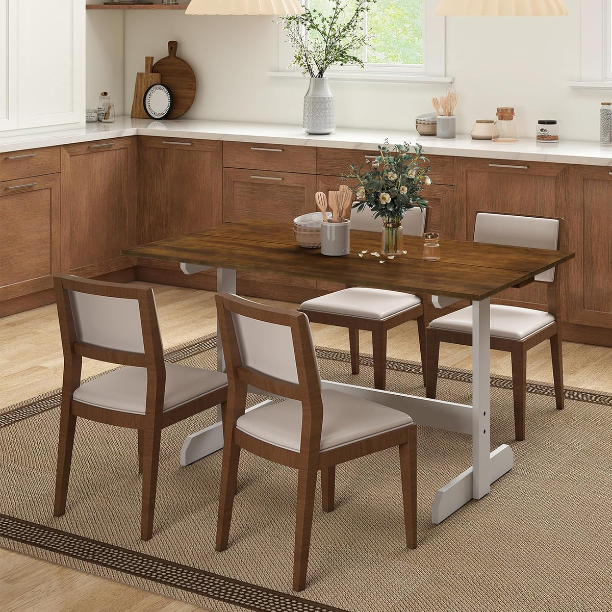 Tangkula 55 Inch Dining Table for 4-6 People, Rectangular Kitchen Table with Solid Wood Trestle Base, Large Farmhouse Modern Diner Table for Home Dining Room Living Room