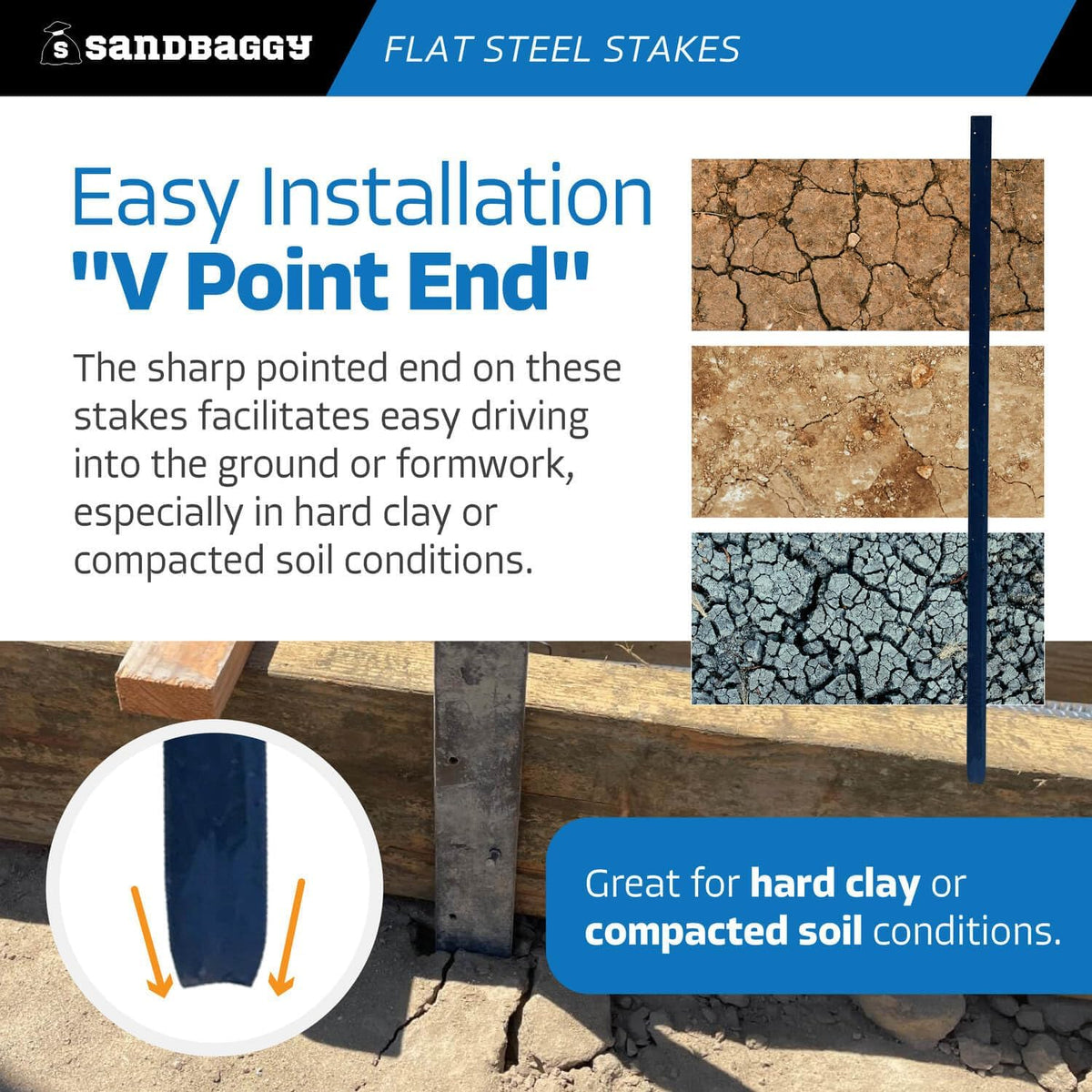 Sandbaggy Flat Steel Stakes for Concrete Forms with Nail Holes - 1.5" Wide - Painted - Removable, Reusable, V Point End - Construction Grade Stakes (25, 48 inch)