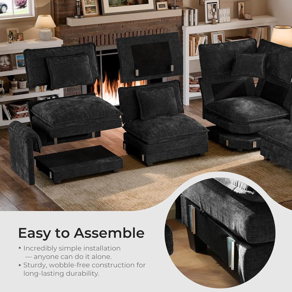 ELUCHANG 114" Oversized V-Shaped Cloud Couch Modular Sectional Sofa with Throw Pillows, 6-Seats w/Corner Comfy Double Layer Upholstered Deep Sofa for Living Room, DIY Combination, Chenille Black