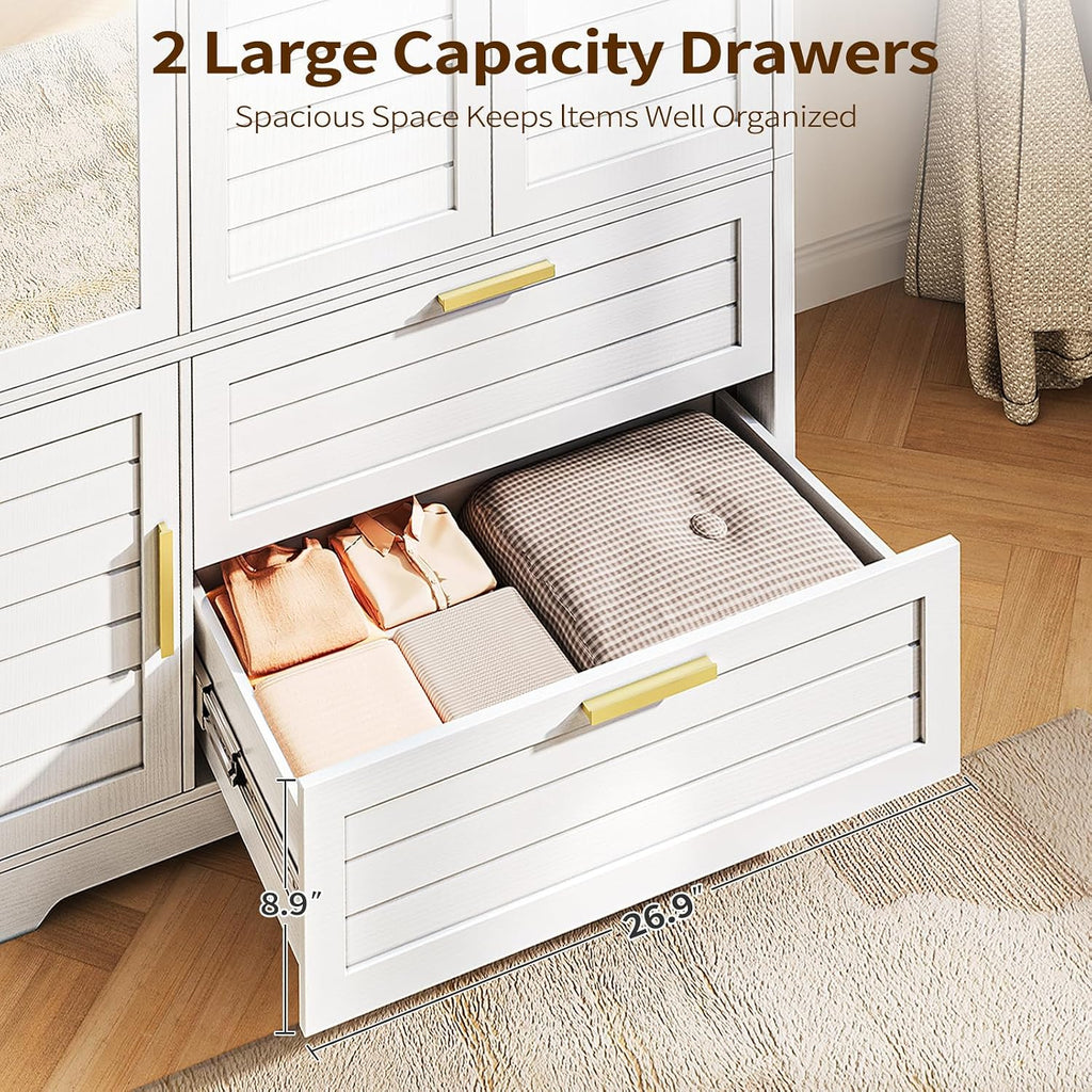Armoire Wardrobe Closet with Mirror - 71“ Wood Clothing Storage Cabinet, Wardrobe Closet with Doors & 2 Drawers, Freestanding Bedroom Armoires and Wardrobes for Hanging Clothes, 3 Doors, White