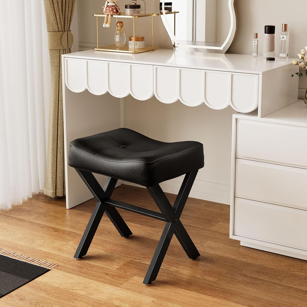 Memobarco 18-Inch Leather Vanity Stool Chair, Vanity Bench with Metal X-Leg, Ottoman Accent Stool with Thick Padded Saddle Seat, Black