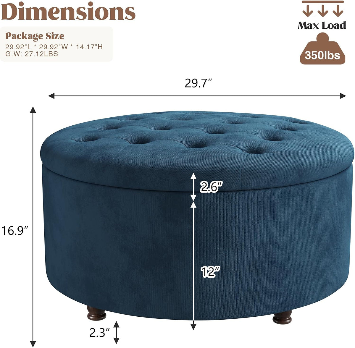 30 Inch Round Storage Ottoman,Modern Blue Tufted Ottomans,Circular Coffee Table with Removable Top,Upholstered Large Ottoman with Storage Footrest Stool for Bedroom Living Room (Blue)