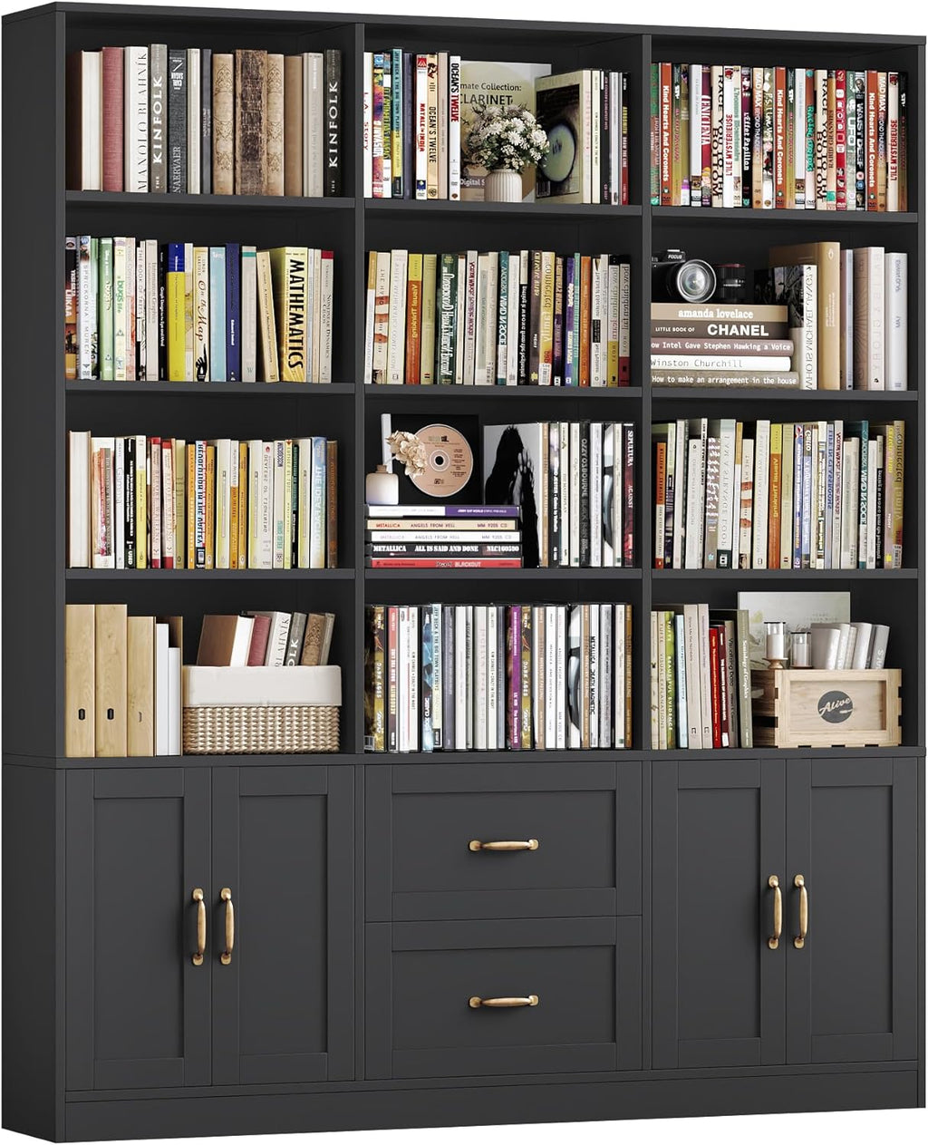 HOSTACK 71" Tall Triple Wide Bookshelf with Storage Drawers & Doors, Black
