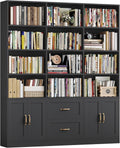 HOSTACK 71" Tall Triple Wide Bookshelf with Storage Drawers & Doors, Black