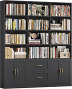 HOSTACK 71" Tall Triple Wide Bookshelf with Storage Drawers & Doors, Black
